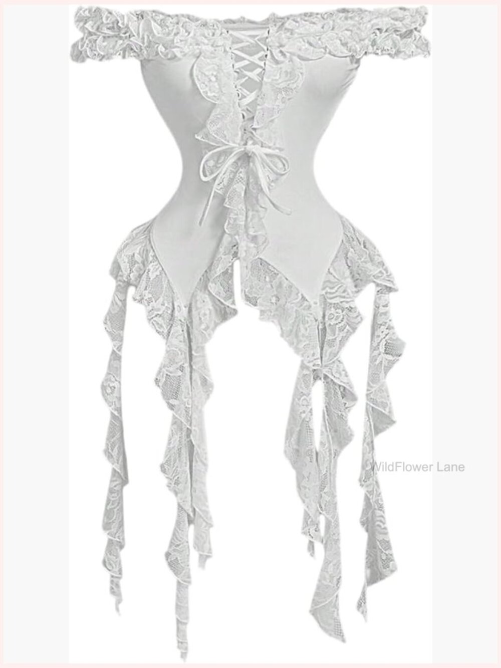 Off Shoulder Lace Up Asymmetrical Ruffle Hem Flowy Blouse - Picture 1 of 5